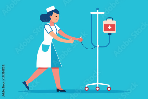 Nurse prepares medical equipment for patient care in a bright clinical setting