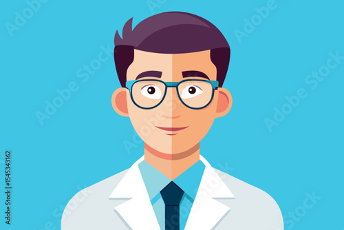 Professional doctor in a lab coat with glasses, smiling earnestly
