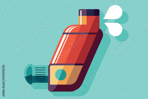 Red inhaler releasing mist during asthma treatment in a bright setting