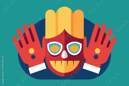 Colorful cartoon representation of a traditional mask with hands in a lively design