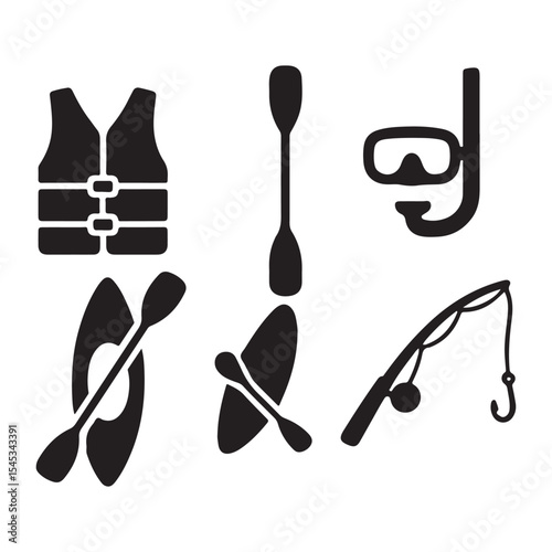 Black Silhouette Icons Water Sports Fishing Kayak Paddle Snorkel Life Vest vector