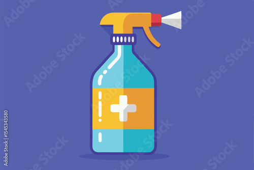 Cleaning spray bottle with antiseptic label on a purple background for household use