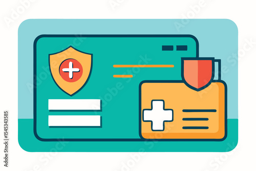 Health insurance card and medical IDs in a digital style design with vibrant colors and simple shapes