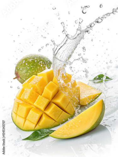 Fresh mango slices with water splash and mint leaves on white background symbolizing tropical freshness