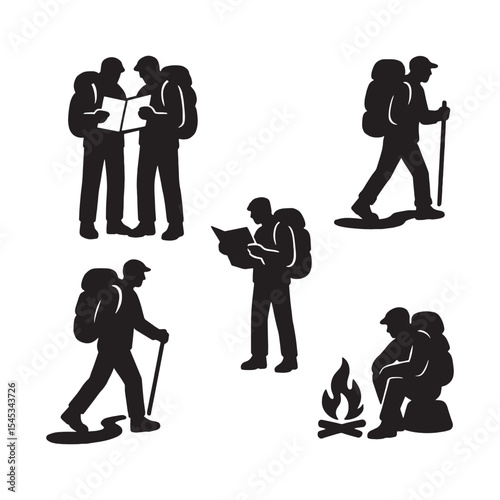 Black Silhouettes Hikers Backpackers Camping Outdoors Navigation Map Fire Trekking Hiking Travel vector
