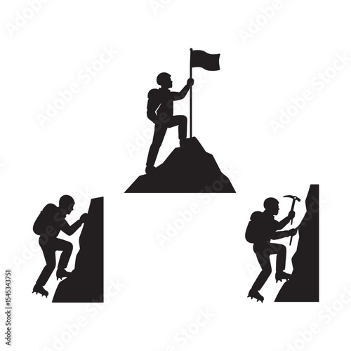 Black Silhouettes of Climbers Scaling Mountains and Reaching Summit with Flag peak