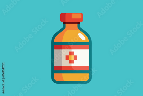 Colorful medicine bottle with a red cross design on a vibrant background