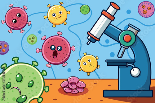 Colorful cartoon germs and a microscope in a lab setting during a playful science activity
