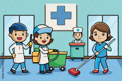 Healthcare workers engaging in cleaning and maintenance activities in a hospital setting during daytime hours