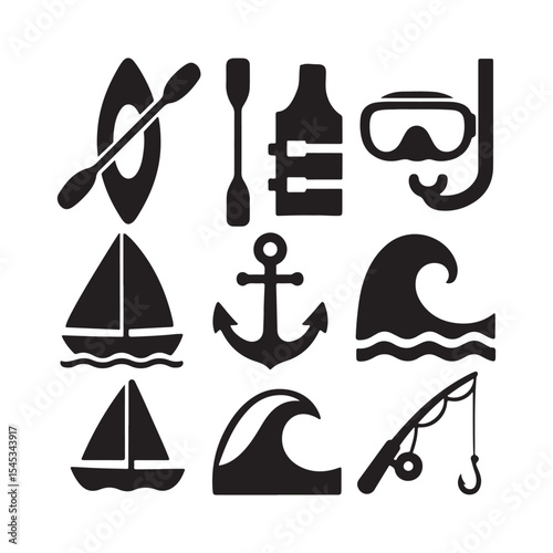 Black Silhouettes of Kayaks Sailboats Anchor Fishing Rod Diving Mask Life Vest Ocean Waves Nautical Icons Set