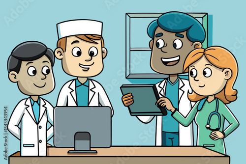 Medical team collaborates with tablet in clinic setting during daytime