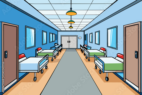 Hospital corridor with patient beds and bright walls in a healthcare facility during daytime