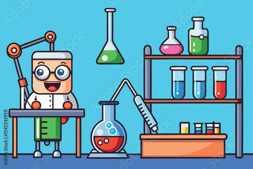 Happy scientist conducting experiments in a colorful lab with various flasks and beakers