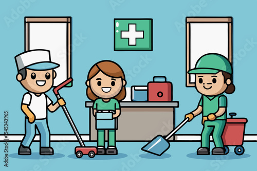 Cleaners engaging in effective team collaboration while organizing the workspace in a cheerful environment