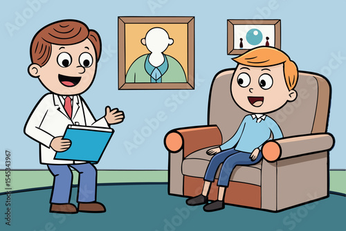 Friendly doctor interacts with a young patient in a cheerful office setting during a routine visit