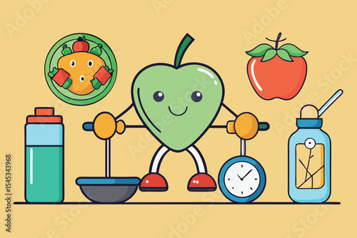 Healthy lifestyle elements promoting fitness and nutrition with cartoon graphics and cheerful characters