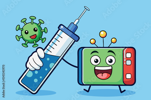 Cartoon characters celebrate vaccination with a syringe and a virus illustration in a cheerful design