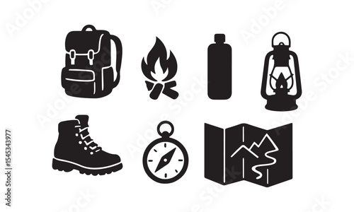 Black Silhouettes of Hiking Backpack Boots Compass Campfire Lantern Water Bottle and Folded Trail Map on White