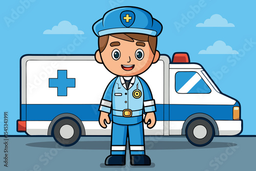 Cute cartoon character dressed as a paramedic with an ambulance in the background