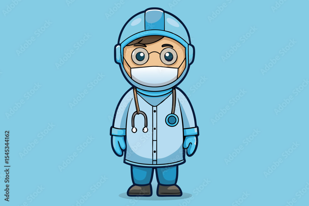 Cartoon character wearing medical protective gear for health awareness in a fun and engaging style Cartoon character wearing medical protective gear for health awareness in a fun and engaging style