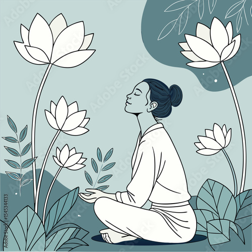 Woman meditating among lotus flowers in a serene garden with a tranquil and peaceful atmosphere