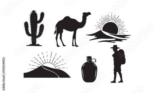 Desert Camel Cactus Sunrise Silhouette Collection Black White Travel Icons Graphics vector