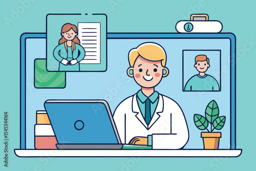 Doctor consulting with patients through virtual technology using a laptop in a modern office environment