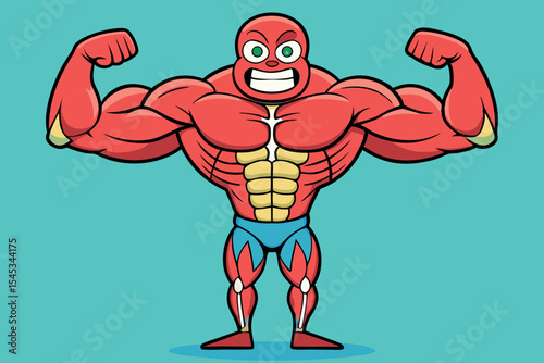 Cartoon character flexing muscles and posing confidently in a colorful background