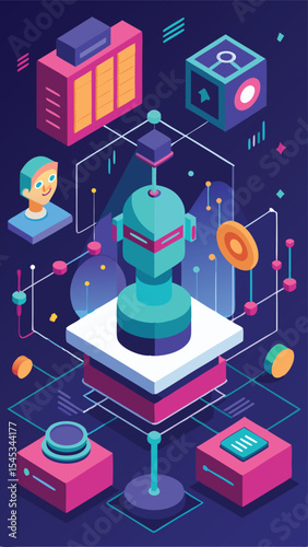 Futuristic digital abstract illustration featuring 3d robot and technological elements