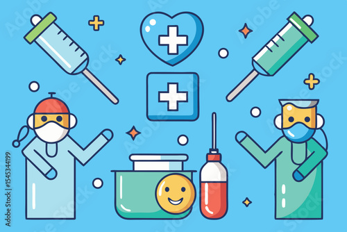 Health professionals engaged in medical activities within a bright and colorful design featuring syringes and medical symbols