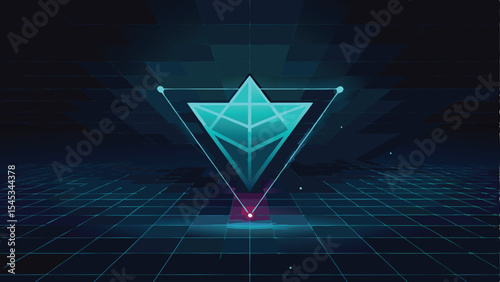 Futuristic digital triangle web design with glowing teal lines and abstract vector shape