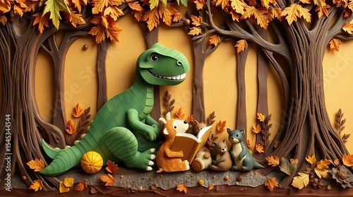Dinosaur reading to animals