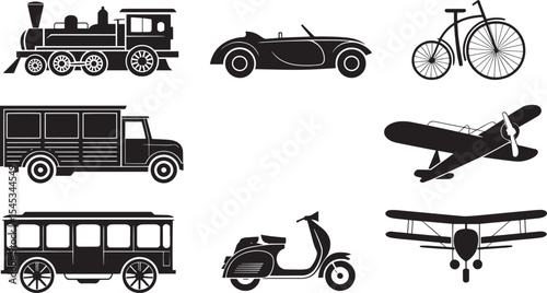 Vintage Transportation Icons Set Black Silhouettes Steam Train Classic Car Bicycle Truck Bus Scooter Biplane