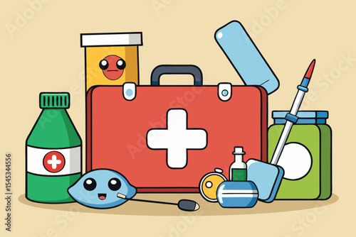 First aid kit and medical supplies for emergencies at home and travel