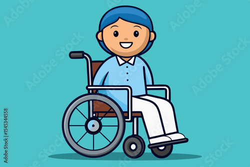 Friendly character sitting in wheelchair with a smile against a blue background