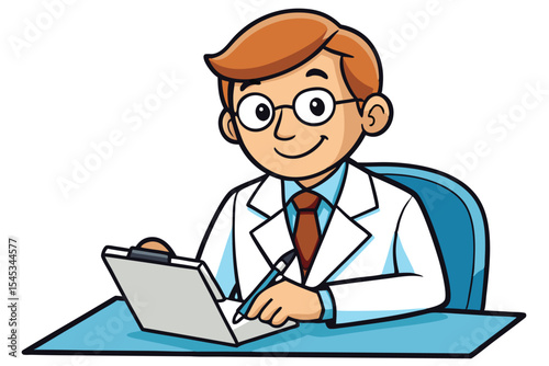 Young doctor in white coat examining patient data at desk