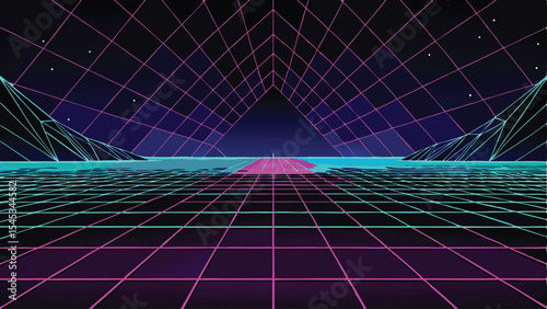 Futuristic landscape design in 3d with polygonal elements and vibrant neon grids