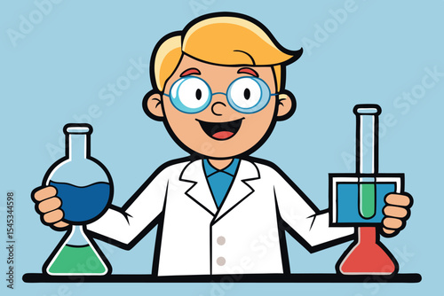 Young scientist happily conducting experiments with colorful liquids in laboratory setting