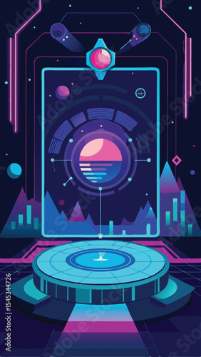 Futuristic science fiction illustration featuring neon colored abstract technology elements