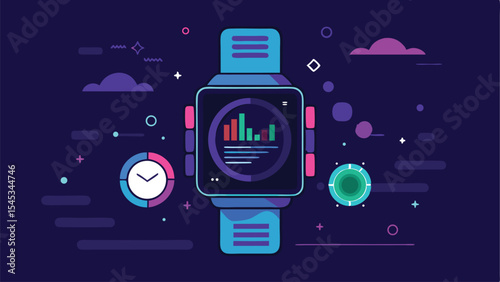 Futuristic smartwatch interface design with data display and decorative elements on dark background