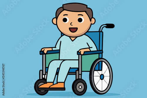 Cheerful child sitting in a wheelchair while wearing hospital attire