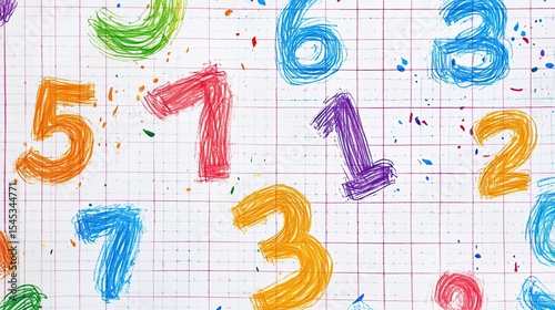 Playful and colorful close-up of hand-drawn numbers with a crayon texture on a grid paper background. Ideal for educational or children's themes