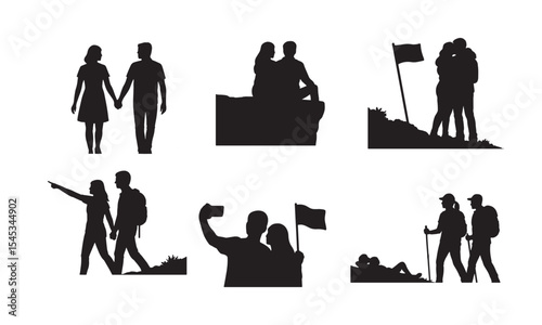 Six Black Silhouettes Couples Hiking Outdoors Nature Travel Adventure Romance Flag Backpacks white