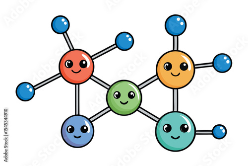 Colorful molecular structure featuring smiling atoms in a playful design