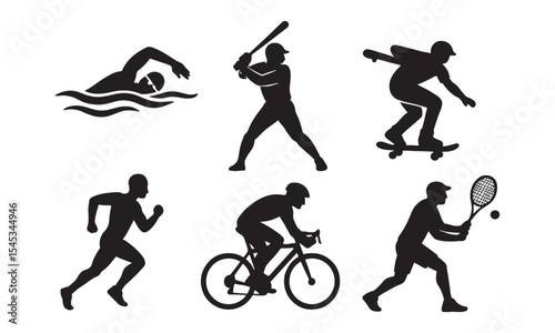 Six Black Silhouettes of Athletes Engaging in Various Sports Swimming Baseball Skateboarding Running Cycling Tennis