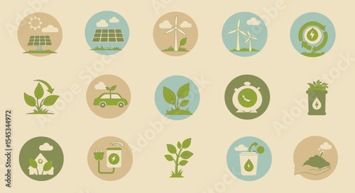 Flat, organic-style icons for sustainability and eco-friendly themes. Perfect for illustrating environmental concepts with a modern, environmental campaigns,green brands,sustainable product