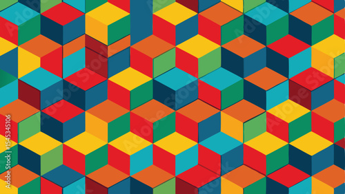 Geometric abstract cube pattern with colorful blocks seamlessly arranged with transparency