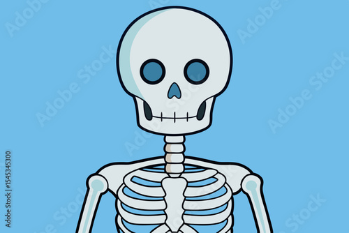 Cartoon skeleton illustration on a blue background showcasing a detailed anatomy representation for educational purposes