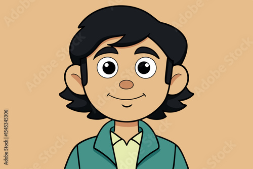 Young boy with dark hair smiling in a cartoon style illustration set against a simple background