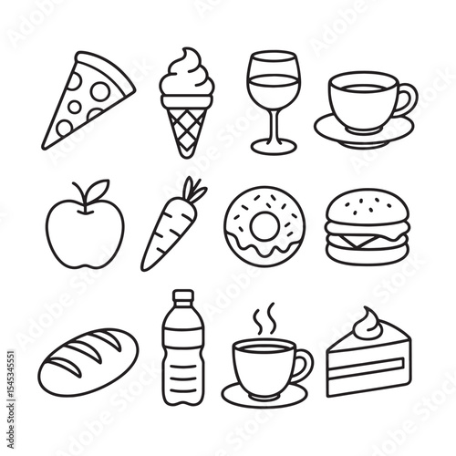 Twelve Black Outline Food and Drink Icons on White Background Pizza Ice Cream Wine Coffee Apple Carrot Donut